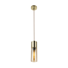 Závěsné svítidlo, kov zlatý matný, sklo jantar, hnědý textilní kabel, Ø9cm, V:153cm, bez žárovky 1xE27, max. 25W 230V.