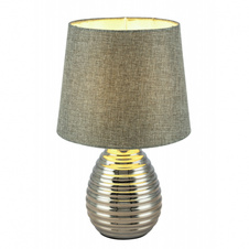 Stolní lampa, kov chrom, textil šedý, kabel 1,4m, vypínač, Ø250, V:370, bez žárovky 1xE27 40W 230V.