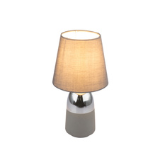 Stolní lampa, kov šedý, textil šedý, textilní kabel černo-bílý 1,5 m, dotykový spínač on/off, Ø16cm, V:31cm, bez žárovky 1xE14, max. 40W 230V.