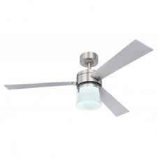 Stropní ventilátor, nikl, MDF stříbrný, průhledné sklo, akryl opál, motor 40W, 2 směry otáčení, 6 kroků, časovač, stmívatelné, dálk. ovládání, fixace barev, Ø1320, V: 420, včetně 1xLED 18W 230V, 990lm, změna barvy světla 3000-4000-6000K