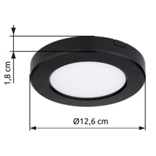 Stropní svítidlo, plast černý, plast opál bílý, změna barvy světla vypínačem v zadní části světla, fixace barev, Ø13cm, V:2cm, včetně 1xLED 6W 230V, 610lm zdroj, 400lm výstup, změna barvy světla 3000-4000-6500K
