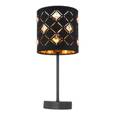 Stolní lampa, kov černý matný, textil černý, akryl, křišťály průhledné, stínítko uvnitř zlaté, vypínač, Ø15cm, V:35cm, bez žárovky 1xE14, max. 40W 230V