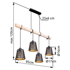 Závěsné svítidlo, kov černý matný, dřevo, kov černý a zlatý, DxŠxV: 85x17x120cm, bez žárovek 4xE27, max. 60W 230V