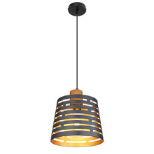 Závěsné svítidlo, kov černý matný, dřevo, kov černý a zlatý, Ø25cm, V:120cm, bez žárovky 1xE27, max. 60W 230V