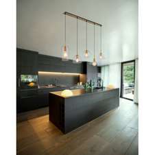 Závěsné svítidlo, mosaz matná, čirá skla, 5 různých tvarů skel, černý kabel z PVC, DxŠxV: 1370x280x1200, bez žárovek 5xE27, max. 60W 230V