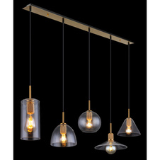 Závěsné svítidlo, mosaz matná, čirá skla, 5 různých tvarů skel, černý kabel z PVC, DxŠxV: 1370x280x1200, bez žárovek 5xE27, max. 60W 230V
