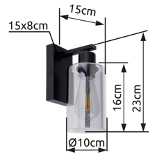 Nástěnné svítidlo, kov černý, sklo kouřové, svítí směrem dolů, ŠxV: 10x23cm, H:15cm, bez žárovky 1xE27, max. 60W 230V