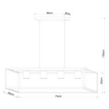 Závěsné svítidlo, kov černý matný, dřevo, DxŠxV: 75x20x120cm, bez žárovek 4xE27, max. 60W 230V