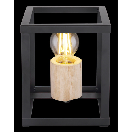 Stolní svítidlo, kov černý matný, dřevo, vypínač, DxŠxV: 170x170x200, bez žárovky 1xE27, max. 60W 230V