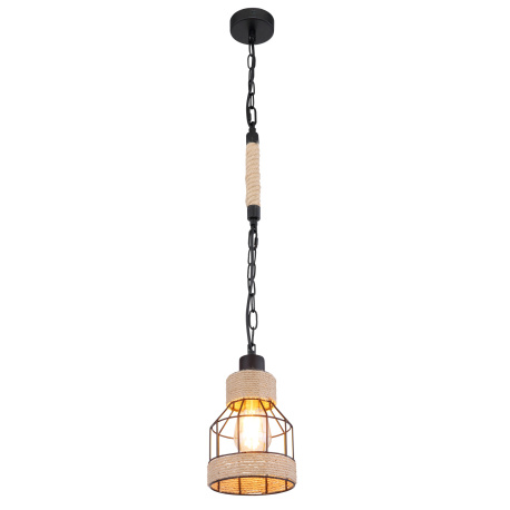 Závěsné svítidlo, kov černý matný, konopné lano hnědé, černý řetěz, Ø14cm, V:125cm, bez žárovky 1xE27, max. 60W 230V