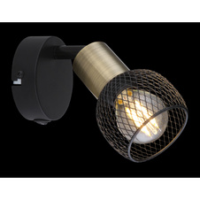 Nástěnné svítidlo, kov černý, mosaz, stínítko - kovová mřížka, vypínač, ŠxV: 8x17cm, H:9cm, bez žárovky 1xE14, max. 40W 230V