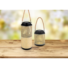 Solární svítidlo kov, bambus hnědá, kov černá, vypínač, součástí balení baterie AA 200mAh 1,2V, IP44, lucerna v bambusovém vzhledu k zavěšení nebo postavení, Ø120mm, V:300mm, vč. LED 0,06W 3V, 3000K