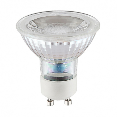 LED žárovka, keramika bílá, chrom, sklo průhledné, stmívatelná, Ø50, V:52, 1xGU10 LED 5W 230V, 345lm, 4000K