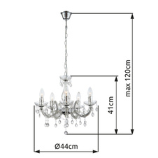 Závěsné svítidlo, kov, chrom, akrylové křišťály průhledné, Ø44cm, V:128cm, bez žárovek 5xE14, max. 40W 230V.