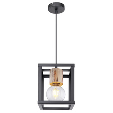 Závěsné svítidlo, kov černý matný, dřevo, DxŠxV: 17x17x120cm, bez žárovky 1xE27, max. 60W 230V