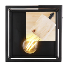 Stropní svítidlo, kov černý, dřevo, DxŠxV: 22x22x15cm, bez žárovky 1xE27, max. 60W 230V