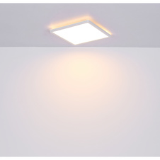 Stropní svítidlo, plast bílý, plast opál bílý satinovaný, podsvícení, 3 úrovně osvětlení pomocí nástěnného vypínače (100-50-10%), paměťová funkce, IP44, DxŠxV: 30x30x2,5cm včetně 1xLED 18W 230V, 2100lm zdroj, 1600lm výstup, 3000K