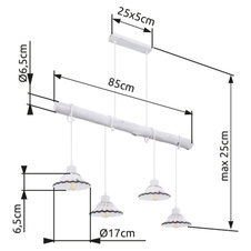 Závěsné svítidlo, kov bílý a černý, dřevo bílé, keramika bílá a černá, DxŠxV: 85x17x120cm, bez žárovek 4xE27, max. 40W 230V