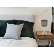 Stolní lampa, nikl, textil antracit, výška stínítka 15cm, kabel 1,5m, vypínač, Ø15cm, V:35cm, bez žárovky 1xE14, max. 25W 230V