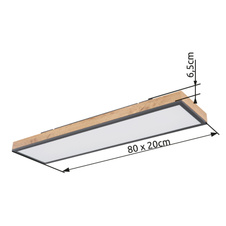 Stropní svítidlo, hliník, grafit, MDF imitace dřeva, akryl bílý, rám imitace dubu, DxŠxV: 80x20x7cm, včetně 1xLED 24W 230V, zdroj 2500lm, výstup 1500lm, 3000K