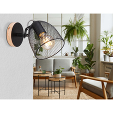 Nástěnné svítidlo, dřevo hnědé a černé, kov černý, mřížované kovové stínítko, ŠxV: 13x17cm, H:24cm, bez žárovky 1xE27, max. 60W 230V