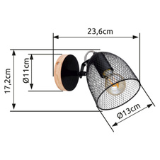 Nástěnné svítidlo, dřevo hnědé a černé, kov černý, mřížované kovové stínítko, ŠxV: 13x17cm, H:24cm, bez žárovky 1xE27, max. 60W 230V