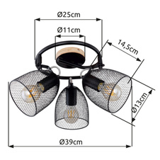 Stropní svítidlo, dřevo hnědé a černé, kov černý, mřížované kovové stínítko, Ø25cm, V:26cm, bez žárovek 3xE27, max. 60W 230V