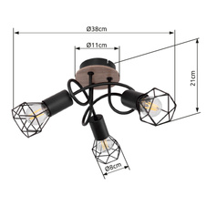 Stropní svítidlo, kov černý, dřevo hnědé, Ø38cm, V:21cm, bez žárovek 3xE14, max. 40W 230V