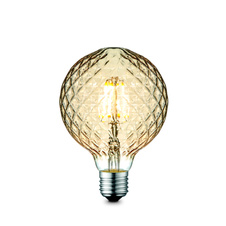 Žárovka, kov stříbrný, sklo amber, dekorativní sklo, stmívatelné, Ø9,5cm, V:13,5cm, 1xE27 LED 4W 230V, 380lm, 2700K