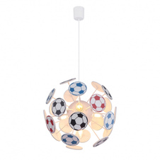 Závěsné svítidlo, plast, bílá, plast vícebarevný, koule s fotbalovými míčky, Ø350, V: 1200, bez žárovek 4xE14, max. 40W 230V