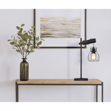 Stolní lampa, kov černý matný, dřevo černé, imitace spáleného dřeva, textilní kabel barva šampaň, vypínač, DxŠxV: 33x18x55cm, bez žárovky 1xE27, max. 40W 230V