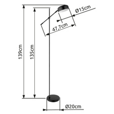 Stojanové svítidlo, kov, černá, plast satinovaný, nastavitelná jedním kloubem, kabel 1,8m, vypínač, DxŠxV: 48x20x139cm, bez žárovky 1xE14, max. 25W 230V