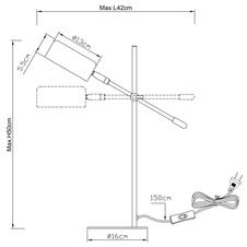 Stolní lampa, kov, černá, plast satinovaný, nastavitelná s jedním kloubem, kabel 1,5m, vypínač, DxŠxV: 42x16x50cm, bez žárovky 1xE14, max. 25W 230V