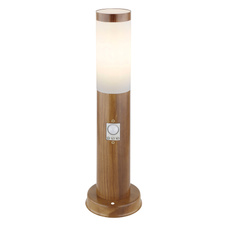 Venkovní svítidlo, ocel ve vzhledu dřeva, plast opál, IP44, senzor 90°, dosah 2-8m, Ø13cm, V:45cm, bez žárovky 1xE27, max. 15W 230V