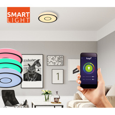 Stropní svítidlo, kov bílý, plast opál, černý, Google Assistant a Alexa, časovač, paměť funkce, noční světlo, třpytivý efekt, stmívatelné, IP44, dál. ovládání, měnič barvy, Ø40cm V:7cm, LED 30W+RGB LED 5W 230V, 3300lm zdroj, 200lm0 výstup, 2700-6500K