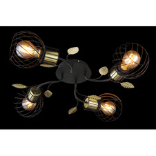 Stropní svítidlo, kov černý a mosazný, s dekorativními listy, Ø58cm, V:17cm, bez žárovek 4xE27, max. 40W 230V