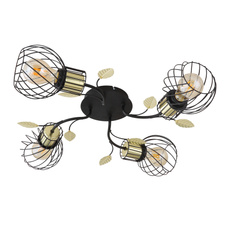 Stropní svítidlo, kov černý a mosazný, s dekorativními listy, Ø58cm, V:17cm, bez žárovek 4xE27, max. 40W 230V