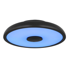 Stropní svítidlo, plast černý, bílý, Bluetooth, reproduktor 3W, paměťová funkce, noční světlo, třpytivý efekt, stmívatelné, IP44 dálkové ovládání, 1xAAA, Ø28cm, V:6cm, LED 18W 230V, zdroj 1800lm, výstup 820lm, RGB LED 3W, 3000-6500K