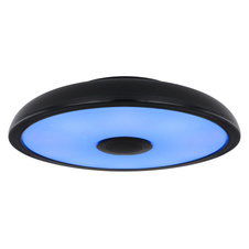 Stropní svítidlo, plast černý, bílý, Bluetooth, reproduktor 3W, paměťová funkce, noční světlo, třpytivý efekt, stmívatelné, IP44 dálkové ovládání, 1xAAA, Ø28cm, V:6cm, LED 18W 230V, zdroj 1800lm, výstup 820lm, RGB LED 3W, 3000-6500K