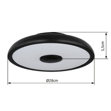 Stropní svítidlo, plast černý, bílý, Bluetooth, reproduktor 3W, paměťová funkce, noční světlo, třpytivý efekt, stmívatelné, IP44 dálkové ovládání, 1xAAA, Ø28cm, V:6cm, LED 18W 230V, zdroj 1800lm, výstup 820lm, RGB LED 3W, 3000-6500K