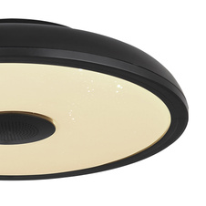 Stropní svítidlo, plast černý, bílý, Bluetooth, reproduktor 3W, paměťová funkce, noční světlo, třpytivý efekt, stmívatelné, IP44 dálkové ovládání, 1xAAA, Ø28cm, V:6cm, LED 18W 230V, zdroj 1800lm, výstup 820lm, RGB LED 3W, 3000-6500K
