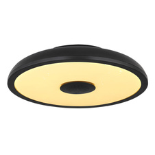 Stropní svítidlo, plast černý, bílý, Bluetooth, reproduktor 3W, paměťová funkce, noční světlo, třpytivý efekt, stmívatelné, IP44 dálkové ovládání, 1xAAA, Ø28cm, V:6cm, LED 18W 230V, zdroj 1800lm, výstup 820lm, RGB LED 3W, 3000-6500K