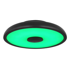 Stropní svítidlo, plast černý, bílý, Bluetooth, reproduktor 3W, paměťová funkce, noční světlo, třpytivý efekt, stmívatelné, IP44 dálkové ovládání, 1xAAA, Ø28cm, V:6cm, LED 18W 230V, zdroj 1800lm, výstup 820lm, RGB LED 3W, 3000-6500K