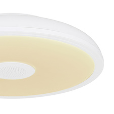 Stropní svítidlo, plast bílý, Bluetooth, reproduktor 3W, päm.funkcia, noční světlo, stmívatelné, IP44 dálkové ovládání, měnič barev, 1xAAA, Ø28cm, V:6cm, LED 18W 230V, zdroj 1900lm, výstup 1100lm, RGB LED 3W, 3000-6500K