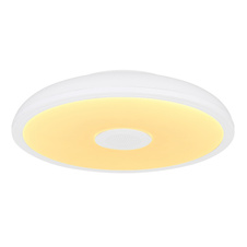 Stropní svítidlo, plast bílý, Bluetooth, reproduktor 3W, päm.funkcia, noční světlo, stmívatelné, IP44 dálkové ovládání, měnič barev, 1xAAA, Ø28cm, V:6cm, LED 18W 230V, zdroj 1900lm, výstup 1100lm, RGB LED 3W, 3000-6500K