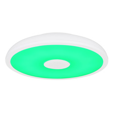 Stropní svítidlo, plast bílý, Bluetooth, reproduktor 3W, päm.funkcia, noční světlo, stmívatelné, IP44 dálkové ovládání, měnič barev, 1xAAA, Ø28cm, V:6cm, LED 18W 230V, zdroj 1900lm, výstup 1100lm, RGB LED 3W, 3000-6500K