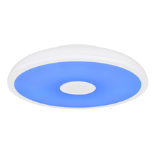 Stropní svítidlo, plast bílý, Bluetooth, reproduktor 3W, päm.funkcia, noční světlo, stmívatelné, IP44 dálkové ovládání, měnič barev, 1xAAA, Ø28cm, V:6cm, LED 18W 230V, zdroj 1900lm, výstup 1100lm, RGB LED 3W, 3000-6500K