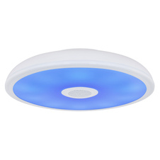Stropní svítidlo, plast bílý, Bluetooth, reproduktor 3W, päm.funkcia, noční světlo, stmívatelné, IP44 dálkové ovládání, měnič barev, 1xAAA, Ø28cm, V:6cm, LED 18W 230V, zdroj 1900lm, výstup 1100lm, RGB LED 3W, 3000-6500K