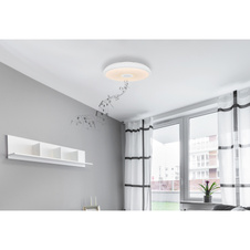 Stropní svítidlo, plast bílý, Bluetooth, reproduktor 3W, päm.funkcia, noční světlo, stmívatelné, IP44 dálkové ovládání, měnič barev, 1xAAA, Ø28cm, V:6cm, LED 18W 230V, zdroj 1900lm, výstup 1100lm, RGB LED 3W, 3000-6500K