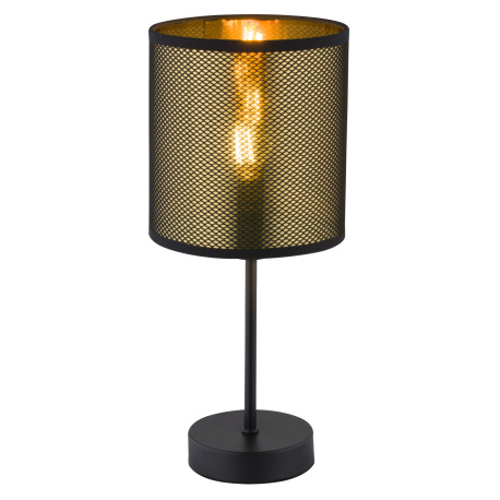Stolní lampa, kov černý, textil černý, plast zlatý, kabel 1,5m, vypínač, Ø150, V: 350, bez žárovky 1xE14, max. 25W 230V